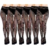 scenicamp 4/6 Pairs Black&White Sexy High‑Stretch Tights High Stockings | Goth Fishnet Tights, Halloween/Party/Festival Fishnet Leggings Pantyhose,Skull, Star, Spider Web & Edgy Prints