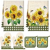 Leinuosen 6 Novelty Sunflower Kitchen Towels Kitchen Decor and Accessories Set Floral Plant Oven Mitts and Pot Holders Sets Farmhouse Absorbent Dish Towels for Cooking Baking Grilling