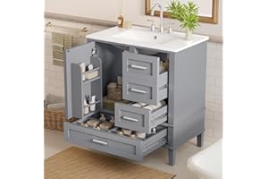 Siemd 30" Bathroom Vanity with Ceramic Sink, Bathroom Storage Cabinet with 3 Soft-Closing Drawers and 1 Soft-Closing Door, Gr