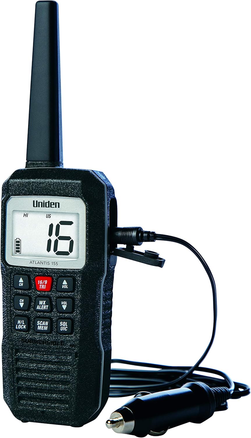 Uniden Atlantis 155 Handheld Two-Way VHF Marine Radio, Floating IPX7 Submersible Waterproof, Dual-Color Screen, All USA/International/Canadian Marine Channels, NOAA Weather Alert, 10 Hour Battery