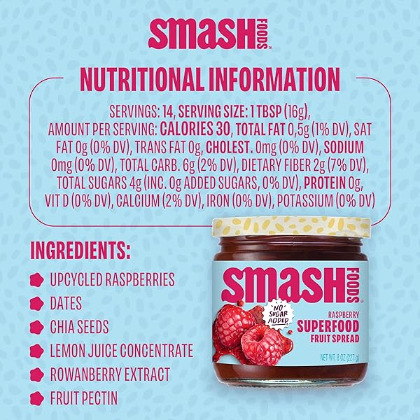 SMASH FOODS RASPBERRY JAM | LOW-CALORIE, NO SUGAR ADDED KETO JAM WITH UPCYCLED FRUIT & CHIA SEEDS | VEGAN, PALEO SUPERFOOD FRUIT SPREAD (1 JAR)