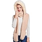 Winter Faux Fur Fuzzy Trim Sherpa Hooded Scarf Cute 3-in-1 Scarf Hat Gloves Set for Women