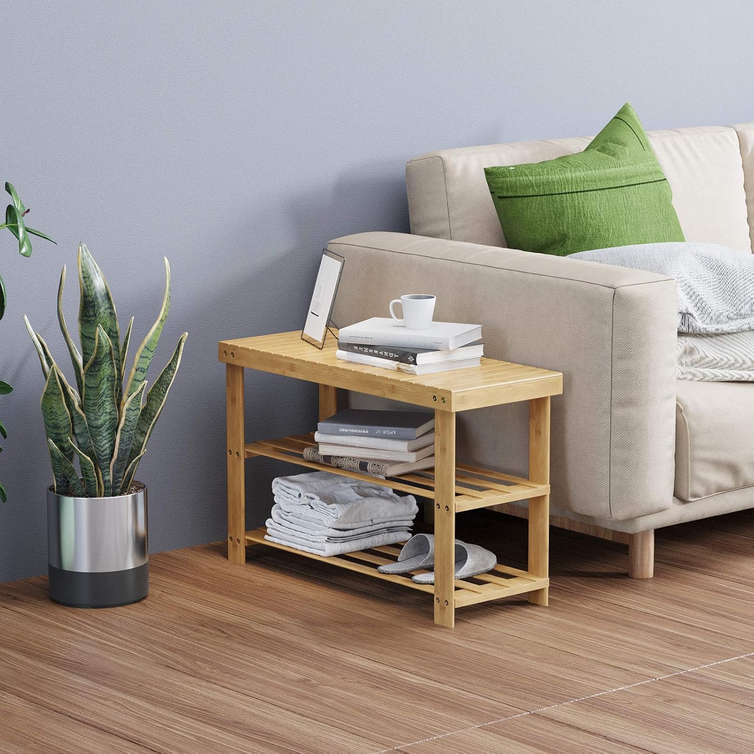 C&AHOME 3-Tier Shoe Rack Bench, Entryway Shoe Storage Organizer Holds Up to 240 lbs, Bamboo Storage Shelf for Shoes, Slippers, Ideal for Hallway Bathroom Living Room Corridor Natural: Kitchen & Dining