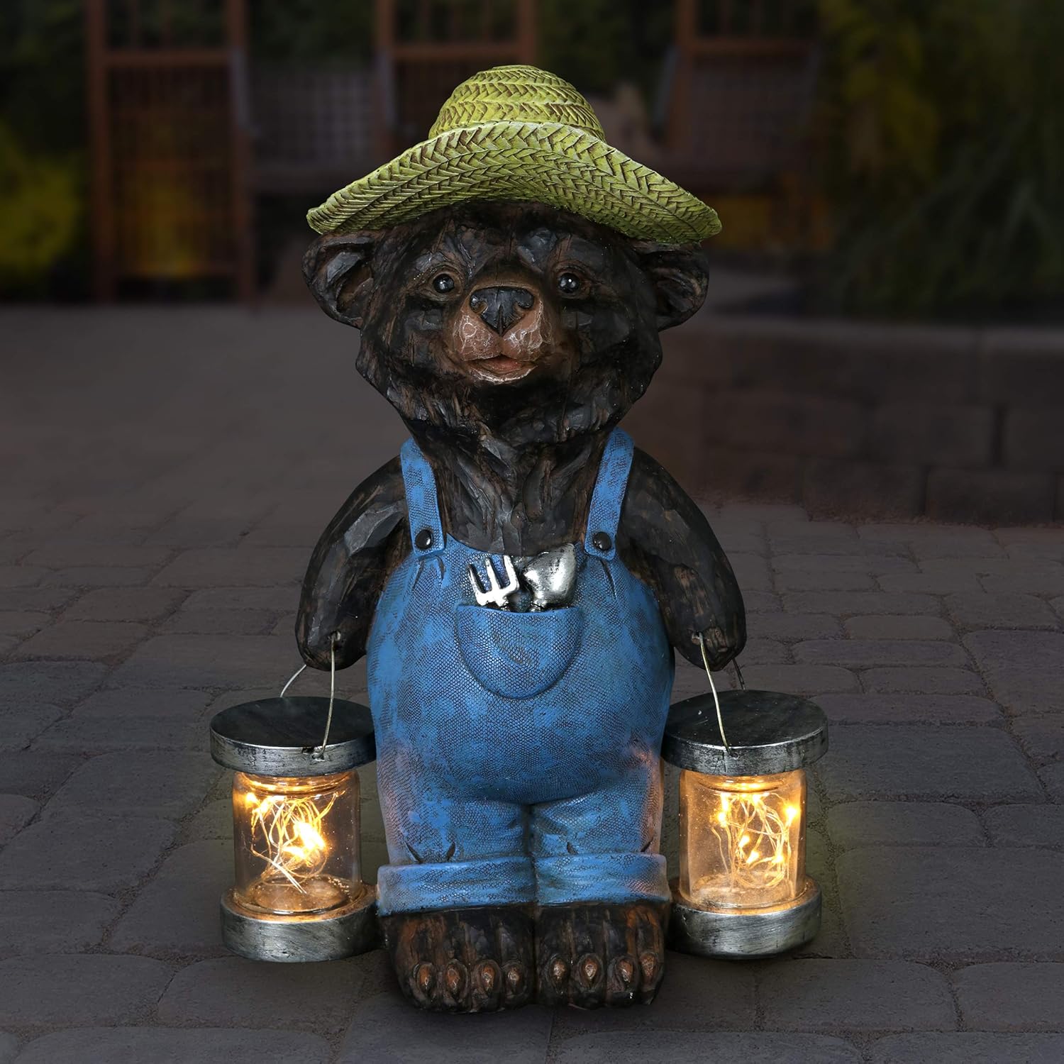 Exhart Solar Rustic Farmhouse Bear with Firefly Jars Statuary, 12.5 Inches