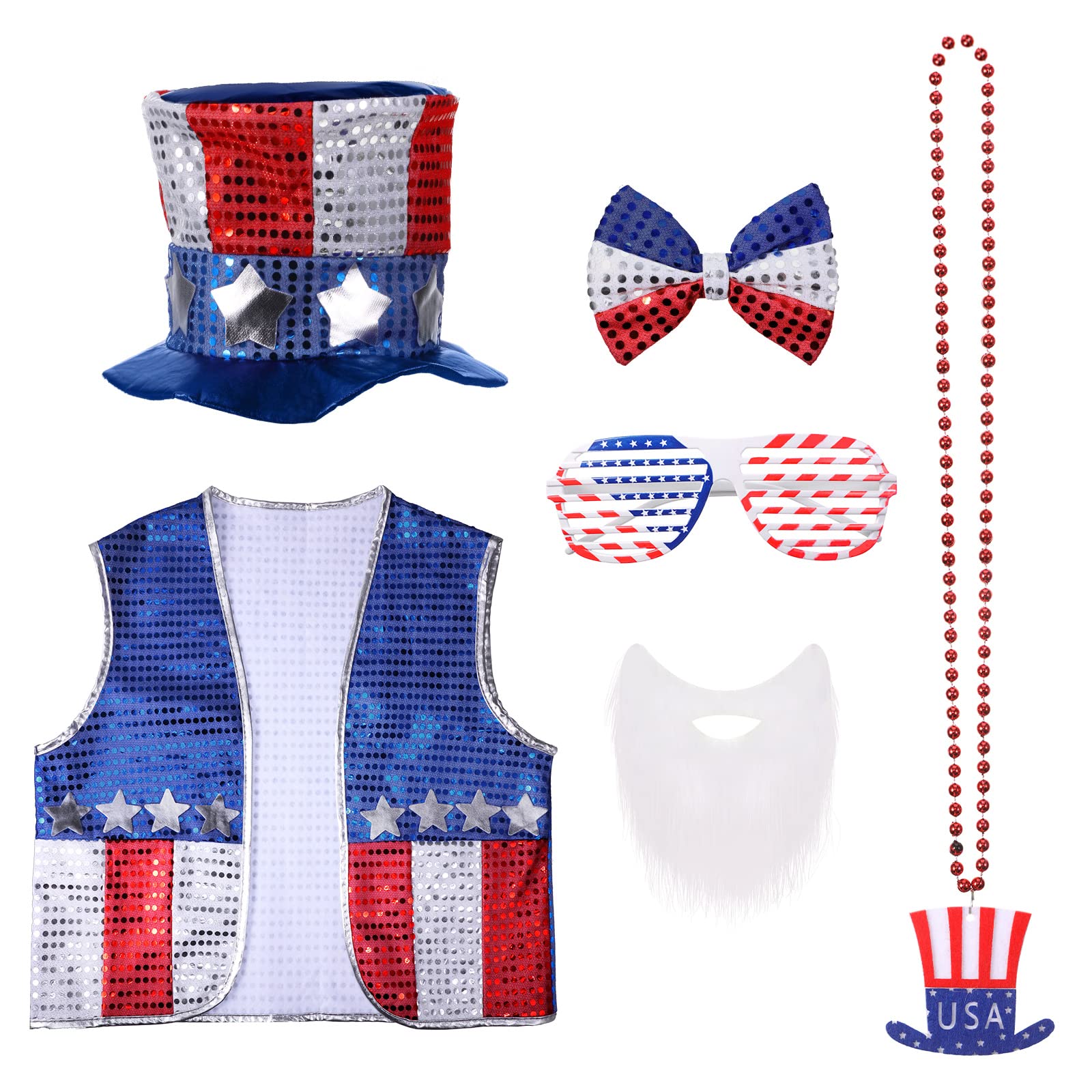 Photo 1 of Zhanmai 6 Pcs 4th of July Costume Patriotic Costume Accessories Set, Usa American Flag Headband and Vest with Usa Sunglasses Necklaces Bow Ties Beard for Independence Day Theme Party Supplies