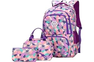 JiaYou Girl Geometric Printed Primary Junior High University School Bag Bookbag 3pcs Backpack Sets(2# Purple-3pcs,35 L)