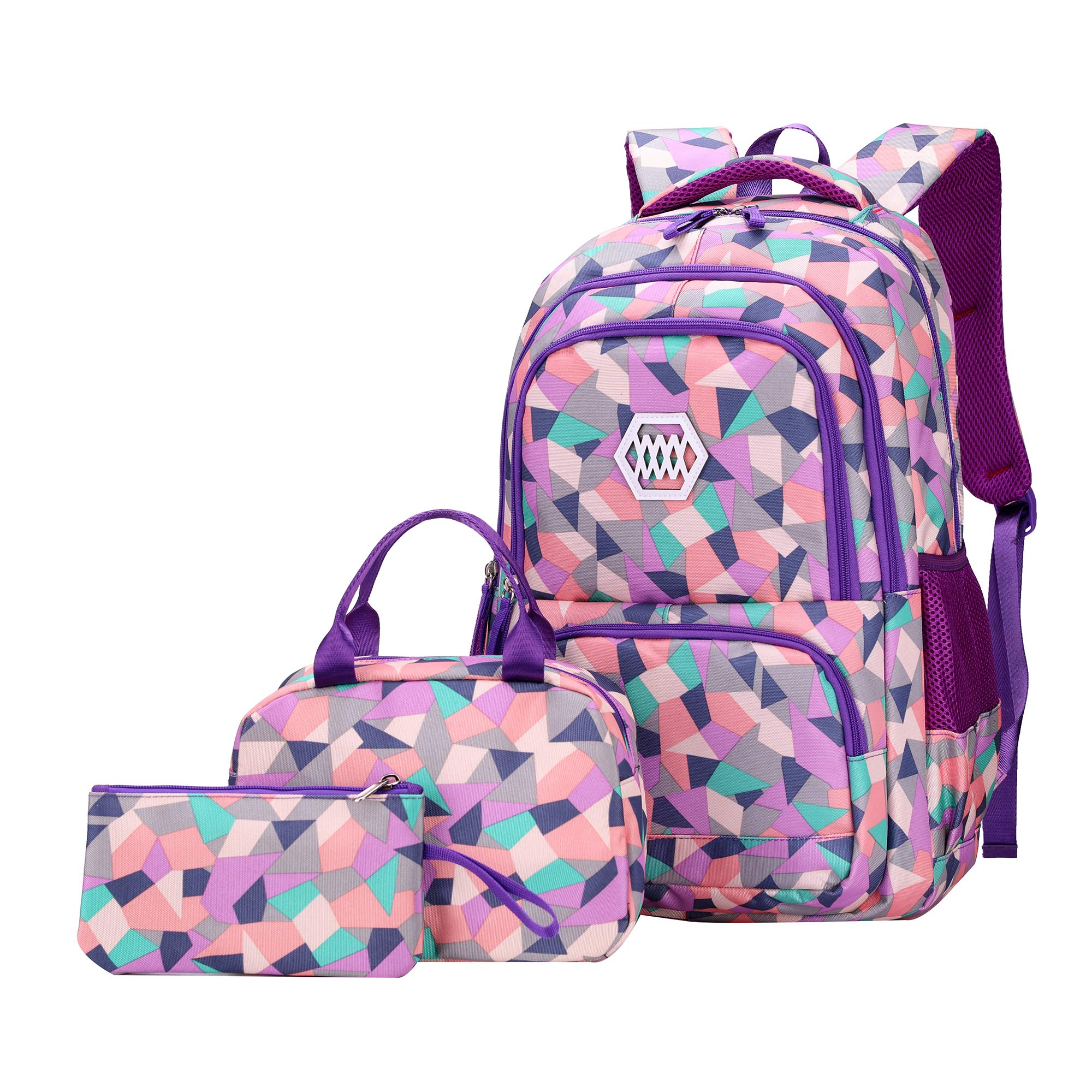 SellerFun Girl Geometric Printed Primary Junior High University School Bag Bookbag 3pcs Backpack Sets(2# Purple-3pcs,19L)