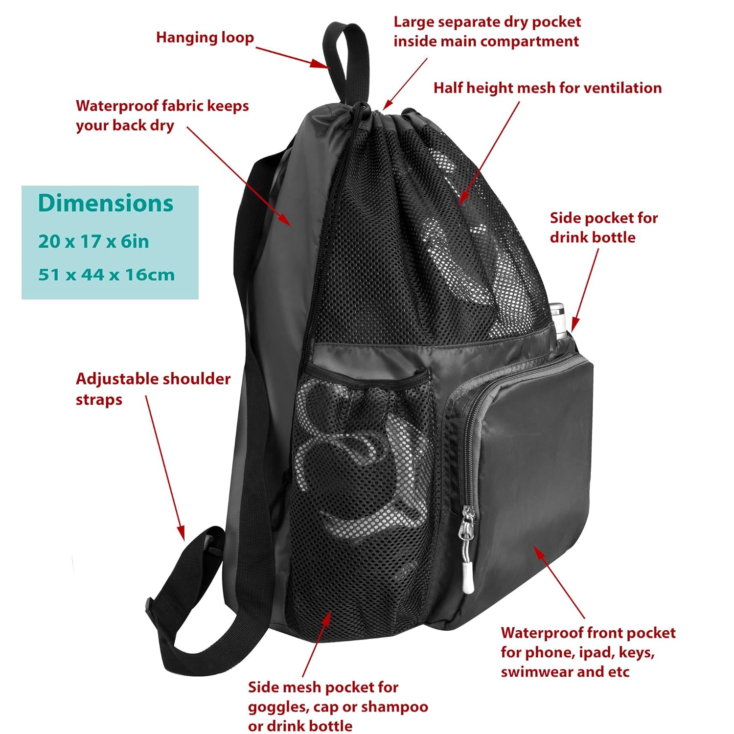 Swimming Butterfox Large Swimming Equipment Mesh Bag Drawstring Swim Gym Backpack With Separated Waterproof Dry Compartments Dry And Wet Separated Sports Fitness