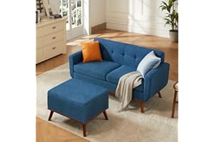 Kingfun 65" W Loveseat Sofa with Ottoman Coffee Table, Mid Century Modern Decor Love Seat Couches and Ottoman with Storage for Living Room, Button Tufted Upholstered Love Seats Furniture Set, Blue