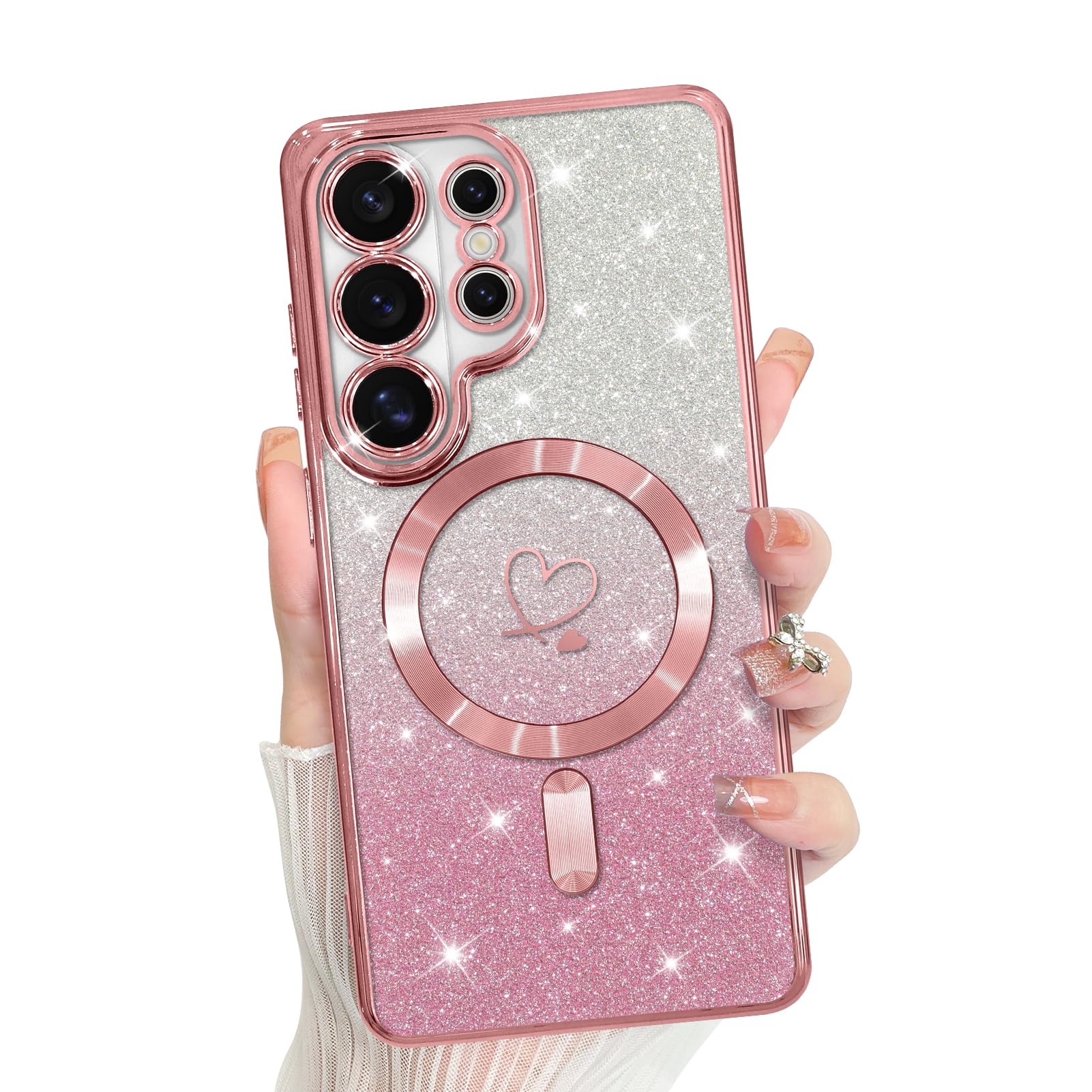 Photo 1 of Bonoma Compatible with Samsung Galaxy S26 Ultra Case Support for MagSafe, Plating Heart Glitter Magnetic Case TPU Camera Protection Back Cover -Pink