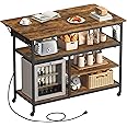 VASAGLE Kitchen Island with Drop Leaf, 47.2" Width Rolling Kitchen Cart with Power Strip, Extendable Worktop, Workbench,Pegboard, Adjustable Shelf, Rustic Brown and Ink Black UKKI013K01