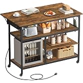 VASAGLE Kitchen Island with Drop Leaf, Power Strip, Pegboard, 47.2" Width | Rolling Kitchen Cart, Extendable Worktop, Adjustable Shelf, Rustic Brown and Ink Black, BARNET Collection UKKI013K01