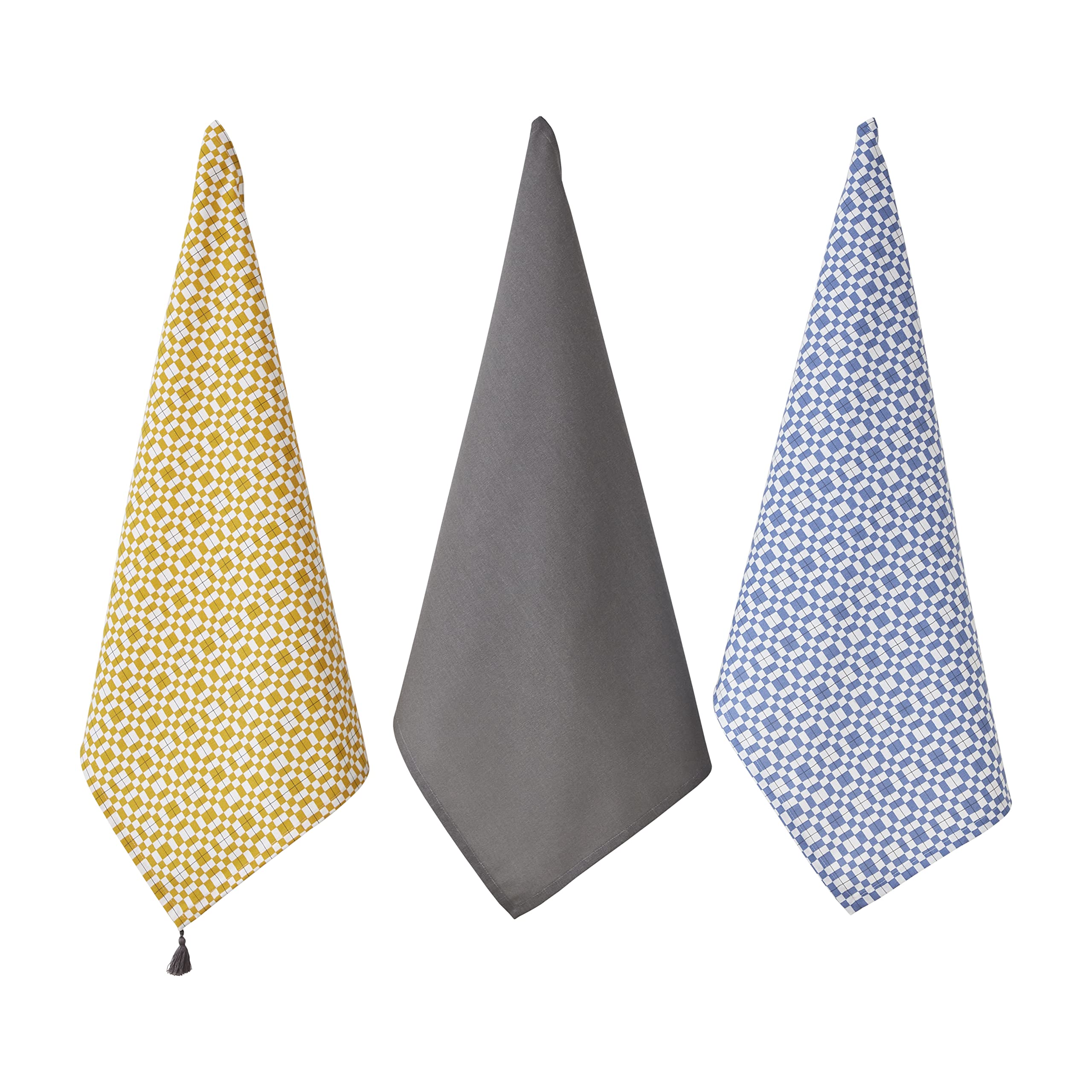 Penguin Home Set of 3 Recycled cotton Tea Towels, Eco Friendly Sustainable kitchen towels with tassels on both corner Size - 50x70 cm Colour - Grey,Ochre & Blue Dish Towels