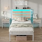 CollaredEagle Bed Frame with Headboard and Footboard,Heavy Duty Steel Slats Support Metal Bed Frame with Charging Station (White, Twin)