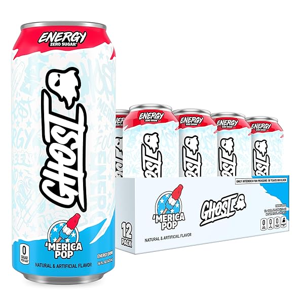 GHOST ENERGY DRINK – 12-PACK, ‘MERICA POP, 16OZ CANS – ENERGY & FOCUS & NO ARTIFICIAL COLORS – 200MG OF NATURAL CAFFEINE, L-CARNITINE & TAURINE – GLUTEN-FREE & VEGAN