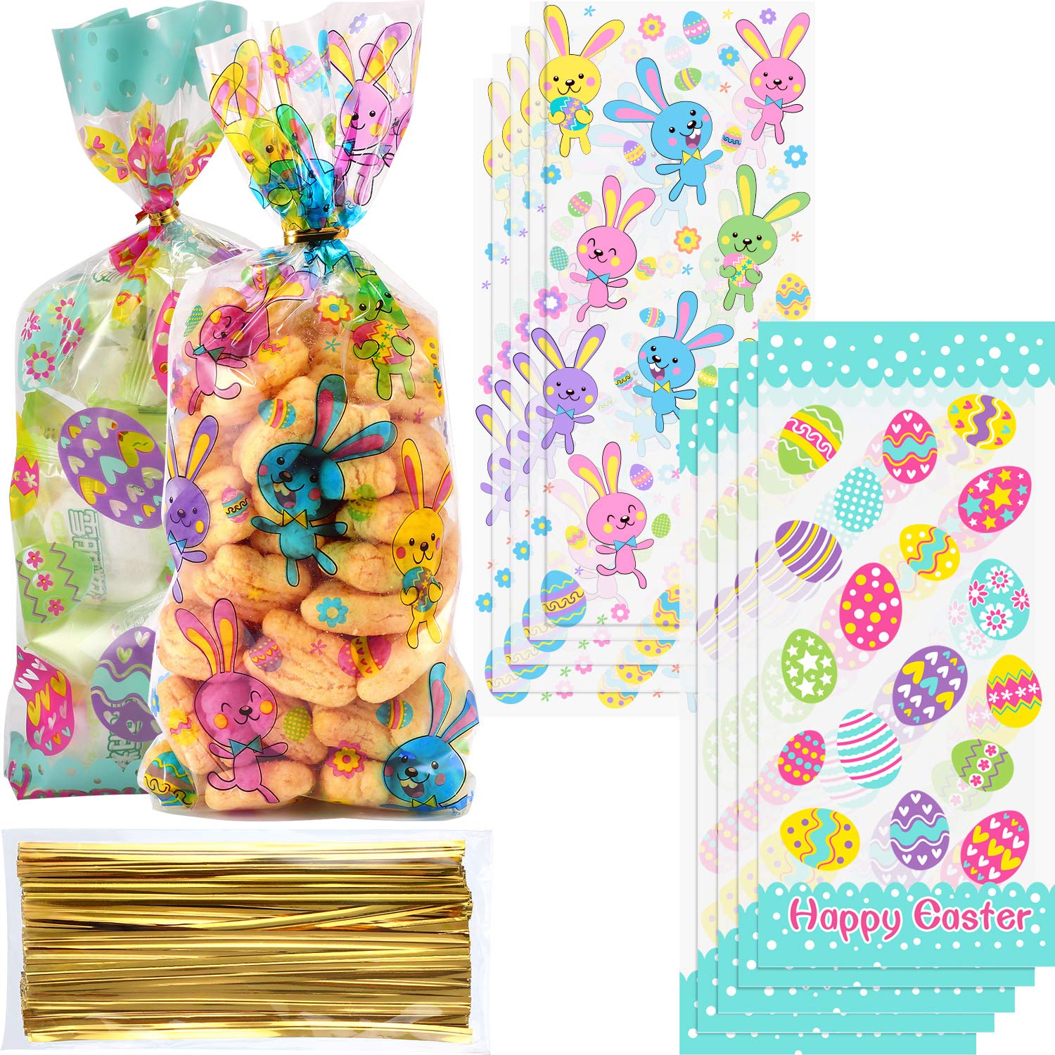 Chuangdi 100 Pack Easter Day Treat Bag Easter Bunny Cello Bag Party Bag Candy Cellophane Bag Easter Egg Treat Bag Painted Eggs Cello Bag Easter Goody Bags Grab Bag for Easter Day (Style 3)