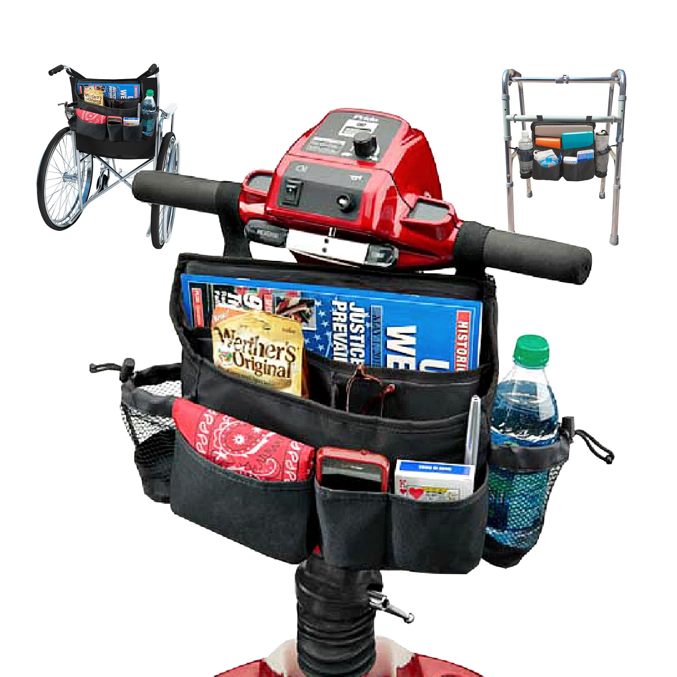 High Road Mobility Scooter Bag, Walker Caddy and Wheelchair Storage Bag - 8-Pocket Mobility Organizer with Bottle and Cup Holder for Wheelchairs, Walkers and Scooters