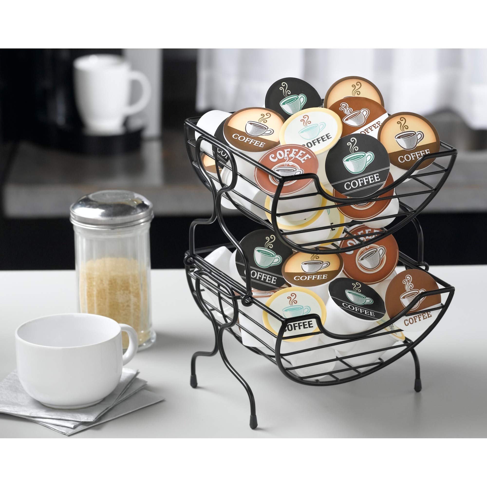Nifty Single-Serve Wire Coffee Basket – Stacked Two-Tier Coffee Pod Storage Holder, Compatible with K-Cups, Home or Office Kitchen Counter Organizer, Modern Black Design