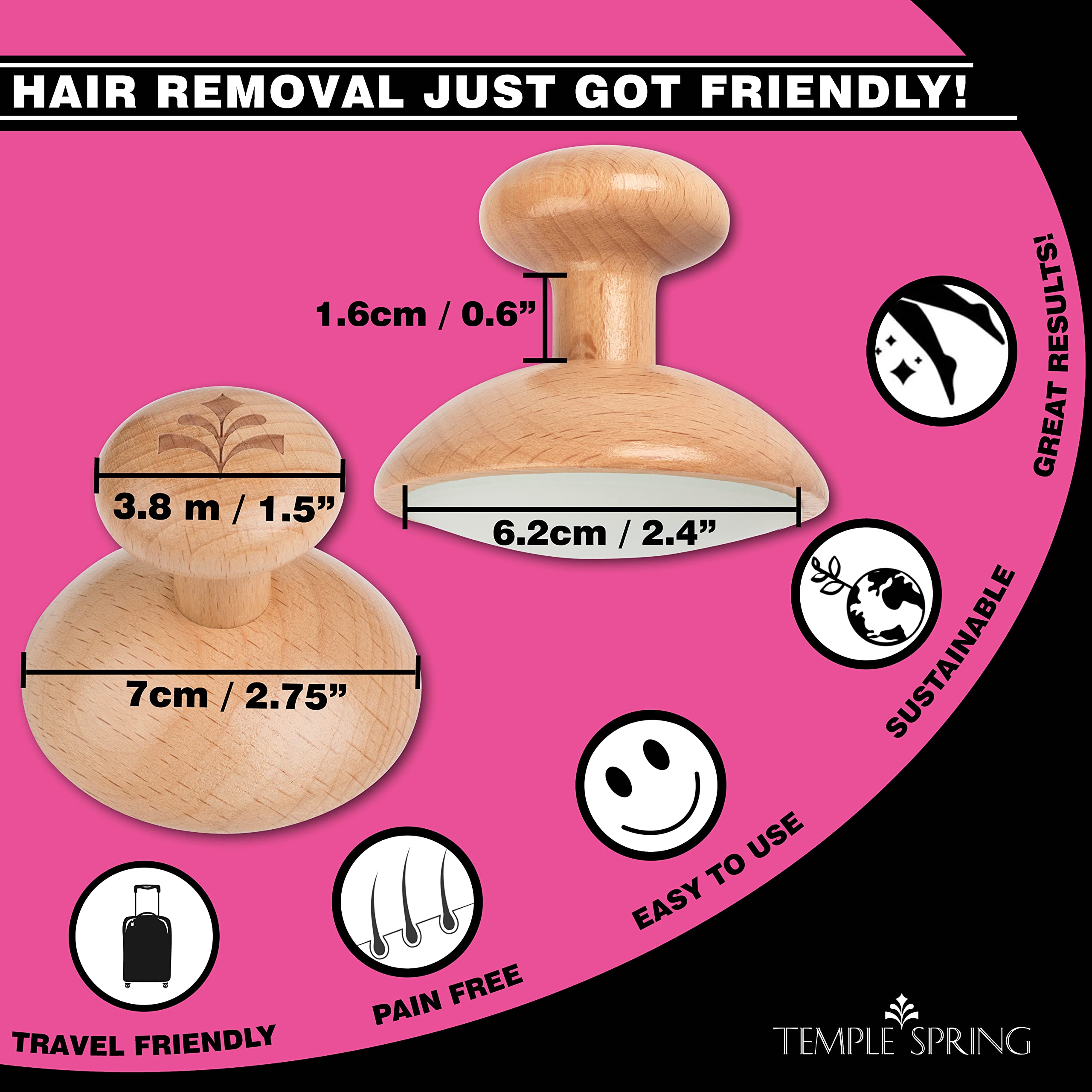 Temple Spring Curved Crystal Hair Remover Stone - Painless Hair Removal for Silky Smooth Legs, Back and Body - Exfoliating Beechwood Stone