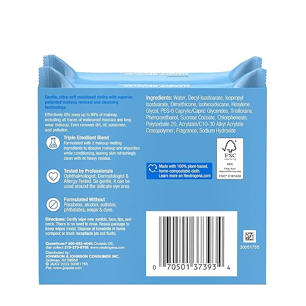 NEUTROGENA MAKEUP REMOVER WIPES MICELLAR ALCOHOL-FREE FACE TOWELETTES REMOVE WATERPROOF MASCARA & OIL, COMPOSTABLE 100% PLANT-BASED CLOTH, DERMATOLOGIST & OPHTHALMOLOGIST TESTED, TWIN PACK 2 X 25 CT