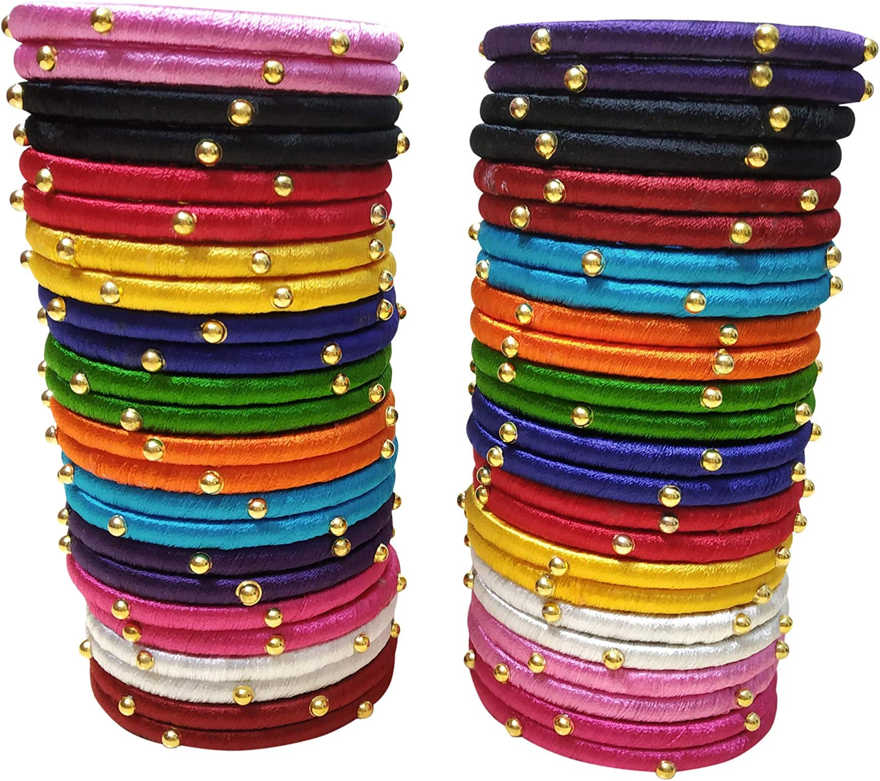 GOELX Silk Thread Bangles Stylish Elegant Multicolor with Gold Beads (Set of 48 Bangles) (Multicolor, 2.4)