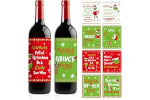 CHEROLOVEN Grinch Christmas Decorations, 48Pcs Christmas Wine Bottle Label Stickers, Grinch Party Decor Supplies, Funny Waterproof Wine Bottle Cover, Novelty Xmas Wine Accessories Wine Gifts for Women Men