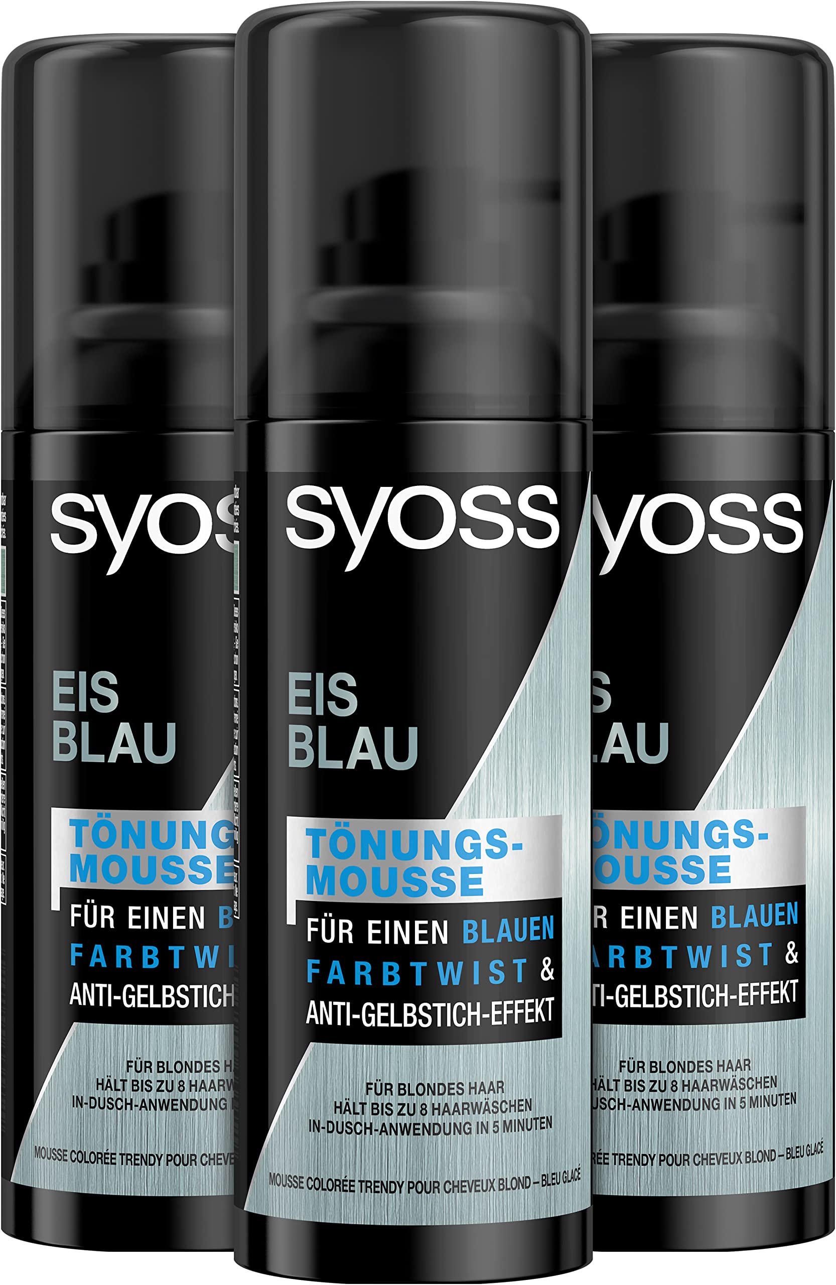 Syoss Tint Mousse Ice Blue (3 x 120 ml), Washable Foam Tint for a Colour Twist, Nourishing Tint Foam with Anti-Yellow Tint Effect for Blonde Hair