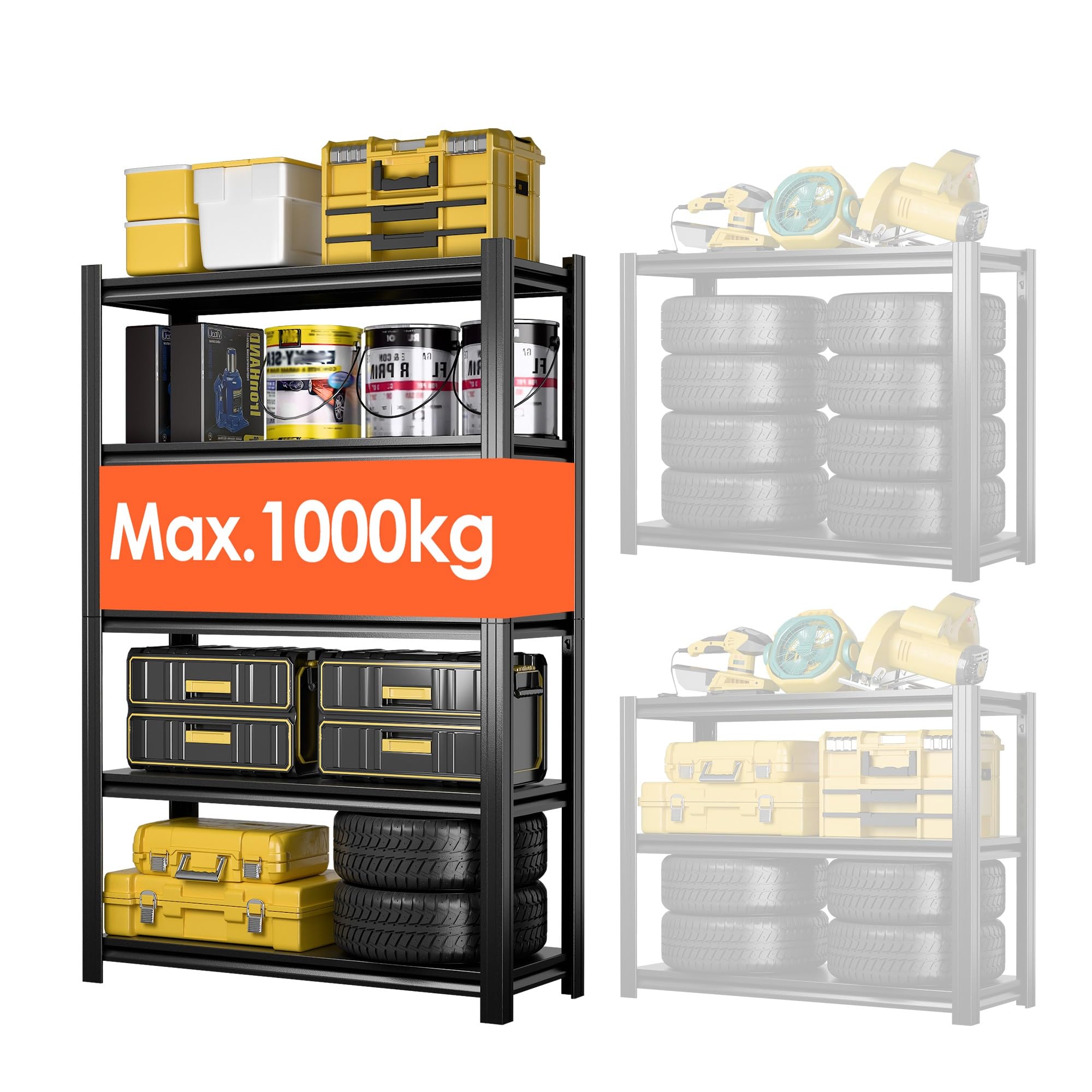 SUPEER Schwerlastregal Metall 183x90x40 cm mit 5 Verstellbaren Metallböden | Lagerregal für Keller & Werkstatt | Tragkraft bis 1000 kg | Schwarz ﻿
