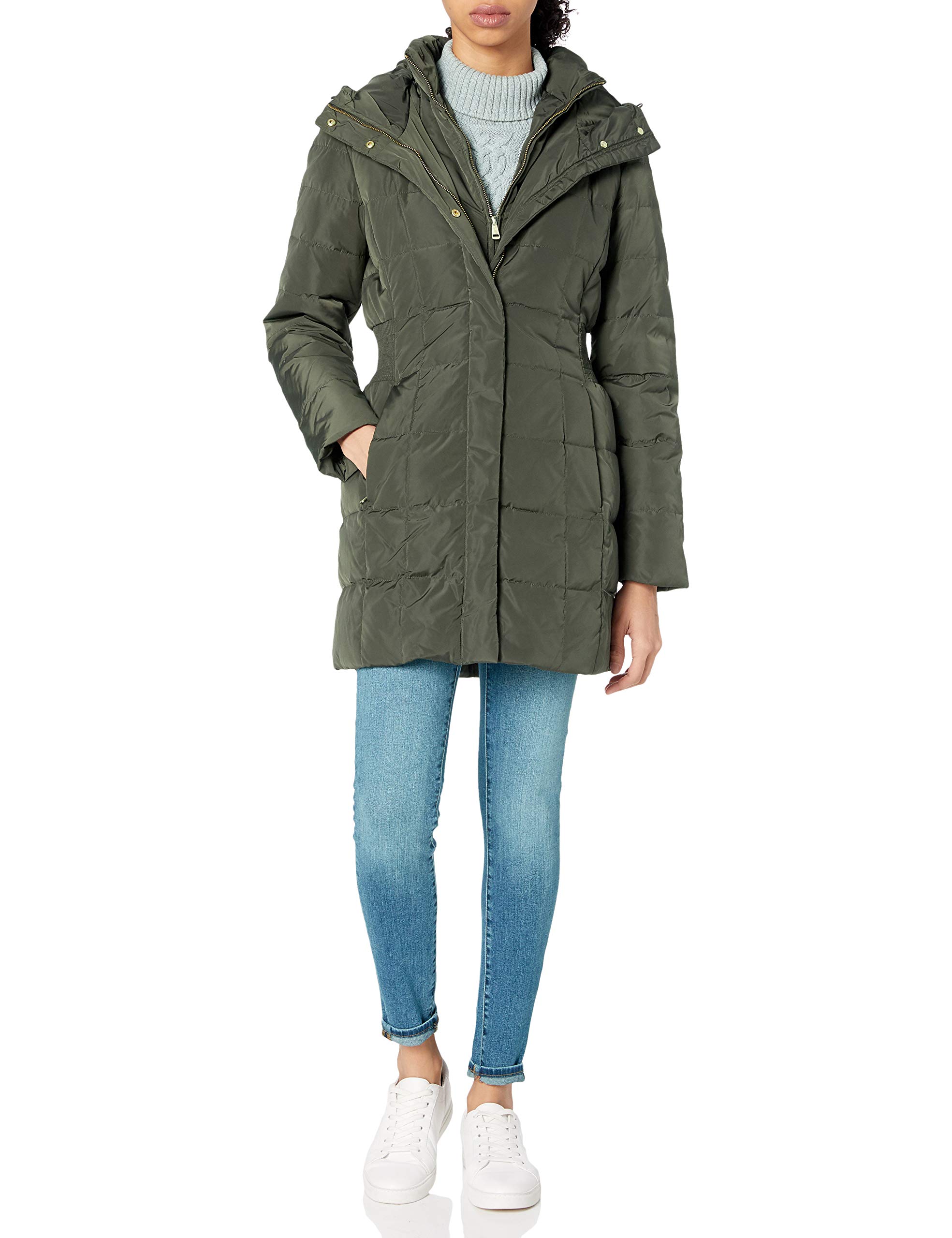 Cole Haan Women’s Taffeta Down Coat with Bib Front and Dramatic Hood, forest, Medium