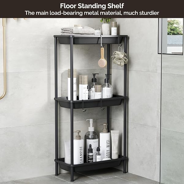 ORIMADE RUSTPROOF 3 TIER FLOOR STANDING SHOWER CADDY ORGANIZER, PLASTIC METAL SPLICING FLOOR SHELF RACK STANDS FOR BATHROOM KITCHEN,15.35 X 29.33 X 7.87’’, BLACK