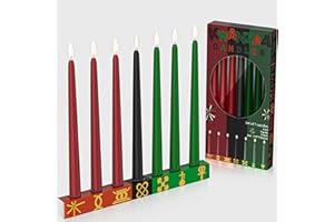 Kenburg Kwanzaa Kinara Set Kwanzaa Candle Holder with Dripless Taper Candles Set 3 Red 3 Green 1 Black Double Sided Wooden Kwanzaa Celebration Decorations Kwanzaa Candle Holders for Table -Rectangle