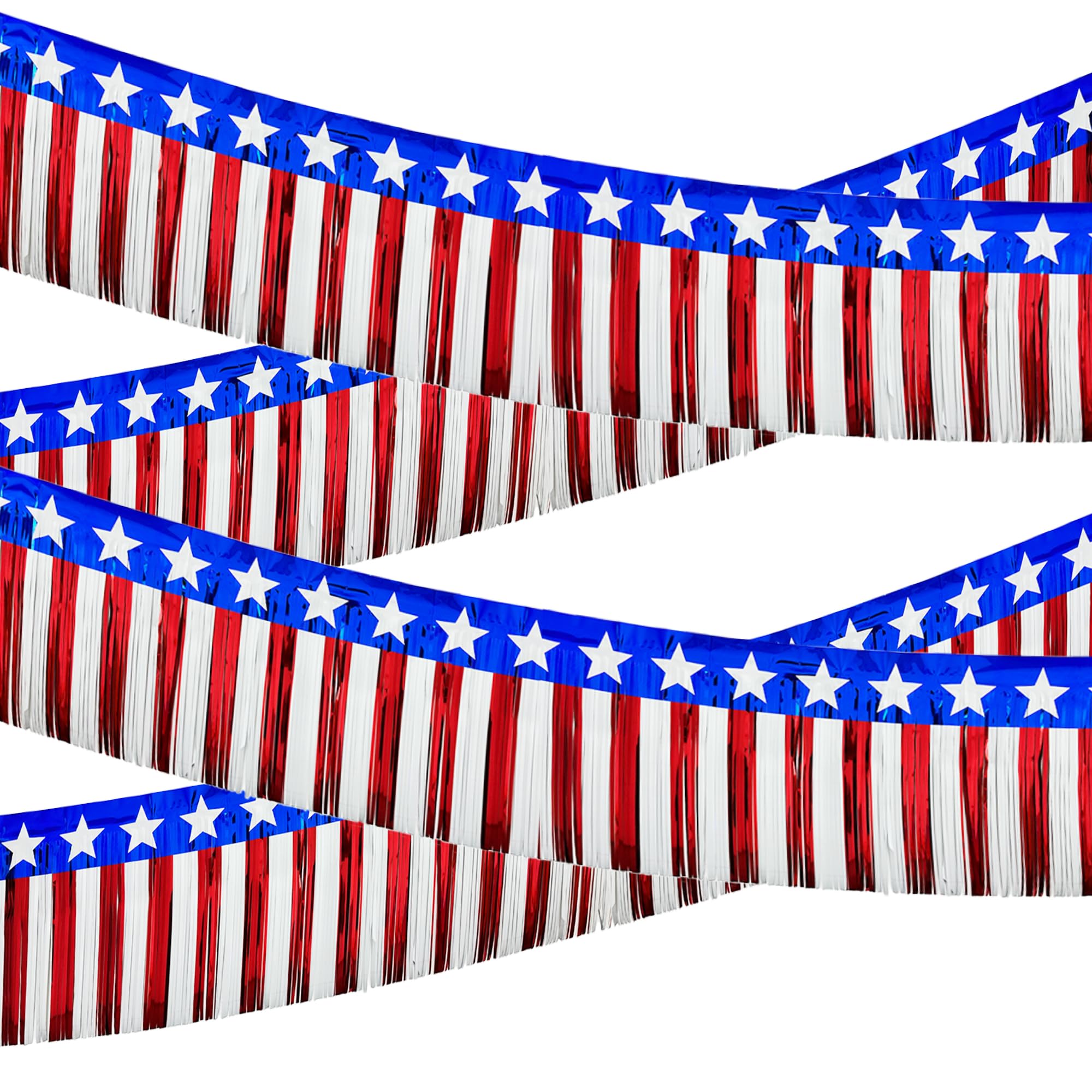 Photo 1 of 8 Packs 79Ft 4th of July Parade Floats Foil Fringe, Each 10 ft x 15'' American Flag Stripes and Stars Tinsel Patriotic foil Fringe Garland for 4th of July Trailer Car Graduation Homecoming Party
