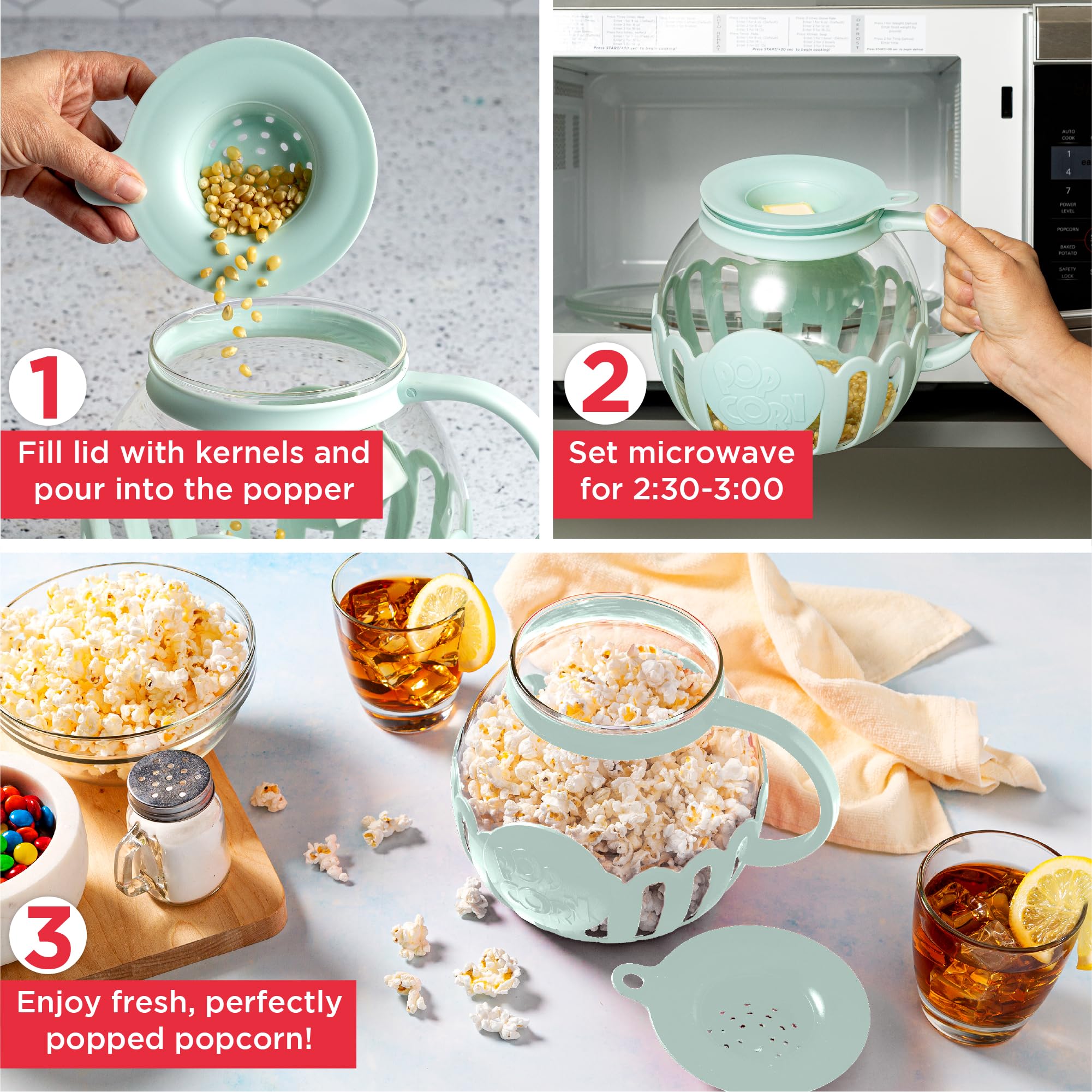 Ecolution Patented Micro-Pop Microwave Popcorn Popper with Temperature Safe Glass, 3-in-1 Lid Measures Kernels and Melts Butter, Made Without BPA, Dishwasher Safe, 3-Quart, Aqua