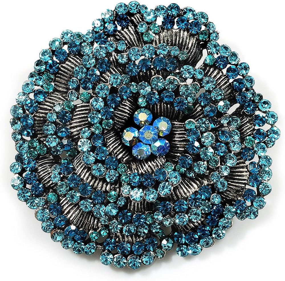 Spectacular Aqua Blue Dimensional Rose Brooch (Antique Silver Tone), grey, cyan / aqua, light blue