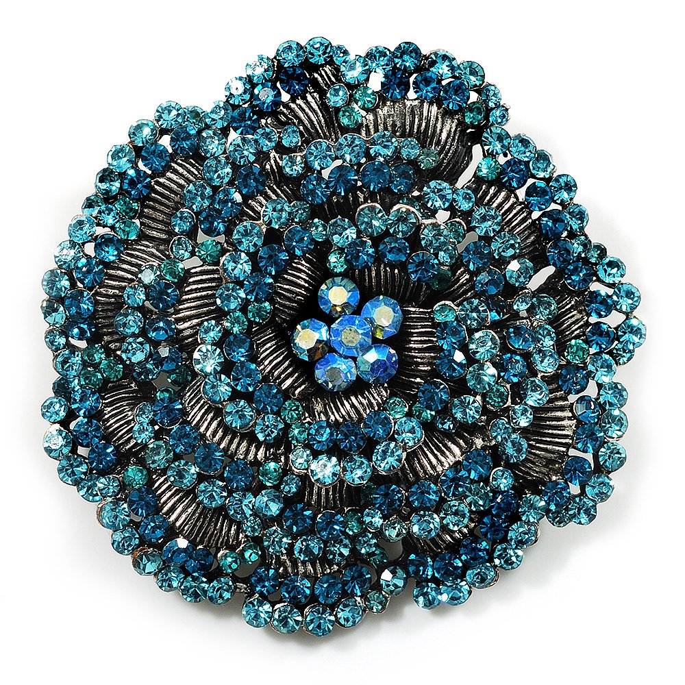 Spectacular Aqua Blue Dimensional Rose Brooch (Antique Silver Tone)