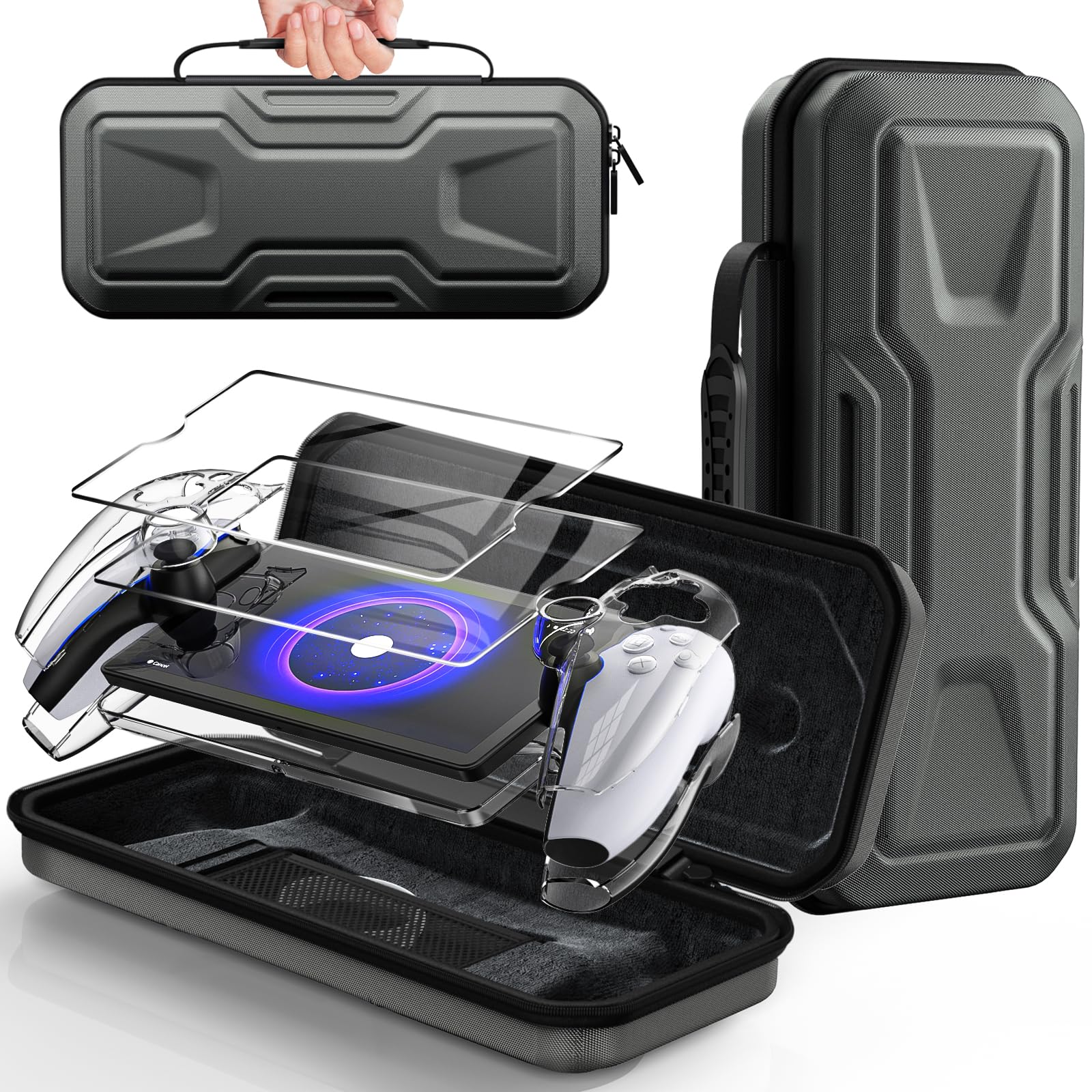 FYOUNG 3 in 1 Accessories Bundle for Playstation Portal, Carrying Case & Hard PC Clear Cover with Tempered Glass Screen Protector, Protective Case & Hard Shell Travel Handbag for PS5 Portal
