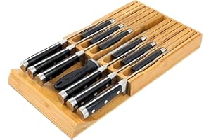 VaeFae Bamboo Knife Drawer Organizer Insert, Kitchen Drawer Knife Block for 12 Knives and a Plus Slot for Your Knife Sharpene
