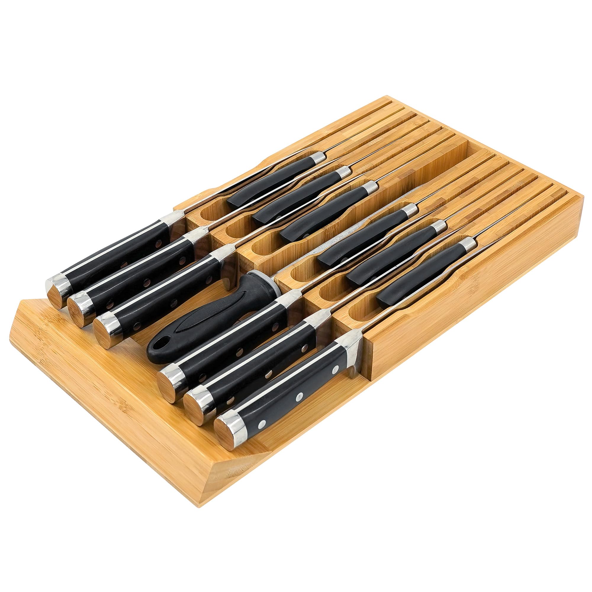 Photo 1 of VaeFae Bamboo Knife Drawer Organizer, Knife Drawer Organizer Insert, Kitchen Drawer Knife Block for 12 Knives and a PLUS Slot for your Knife Sharpener (Without Knives)