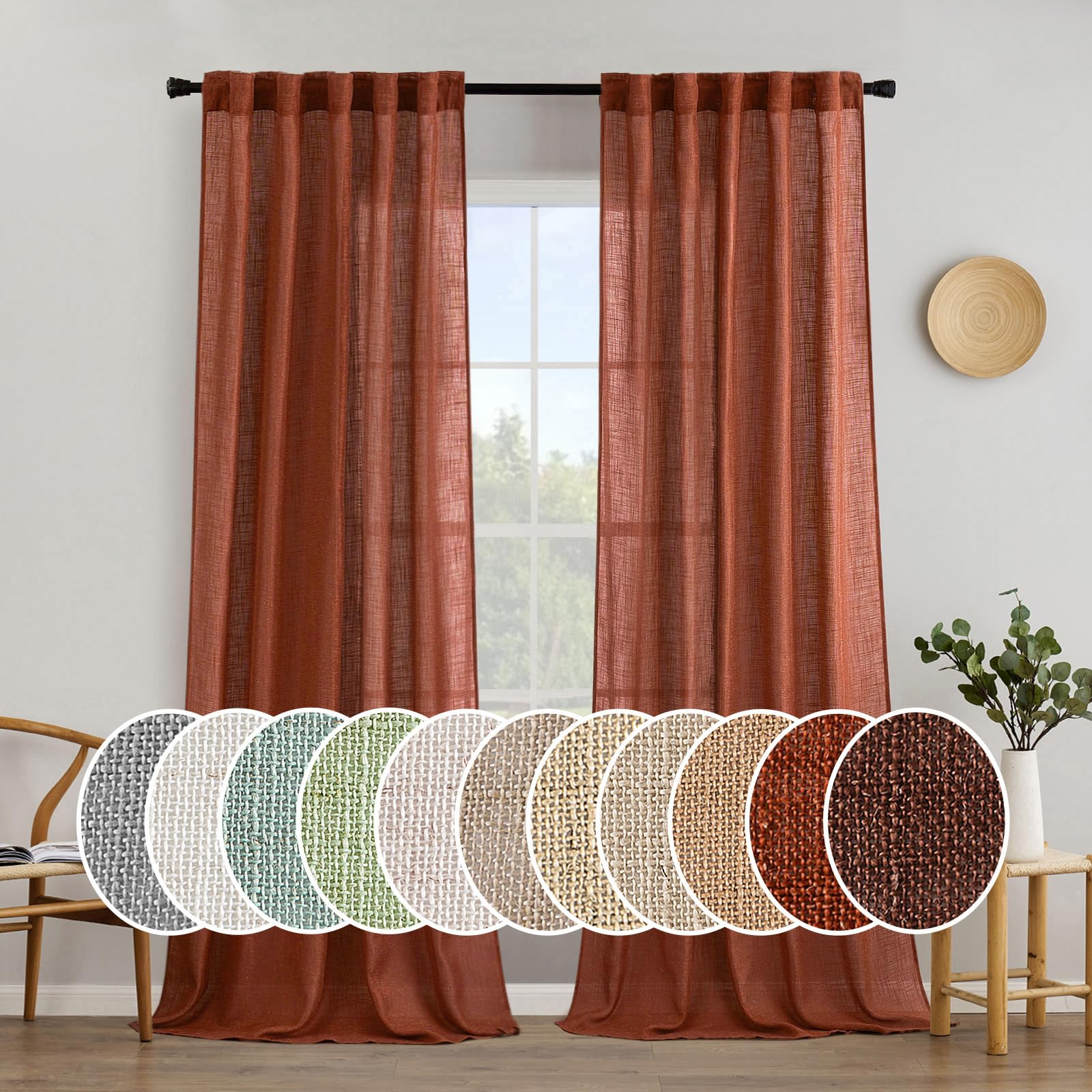 MIULEE Burnt Orange Linen Curtains 90 Inch Length 2 Panels for Bedroom Living Room, Soft Thick Linen Textured Window Drapes Semi Sheer Light Filtering Back Tab Rod Pocket Fall Decor, W37xL90 Image