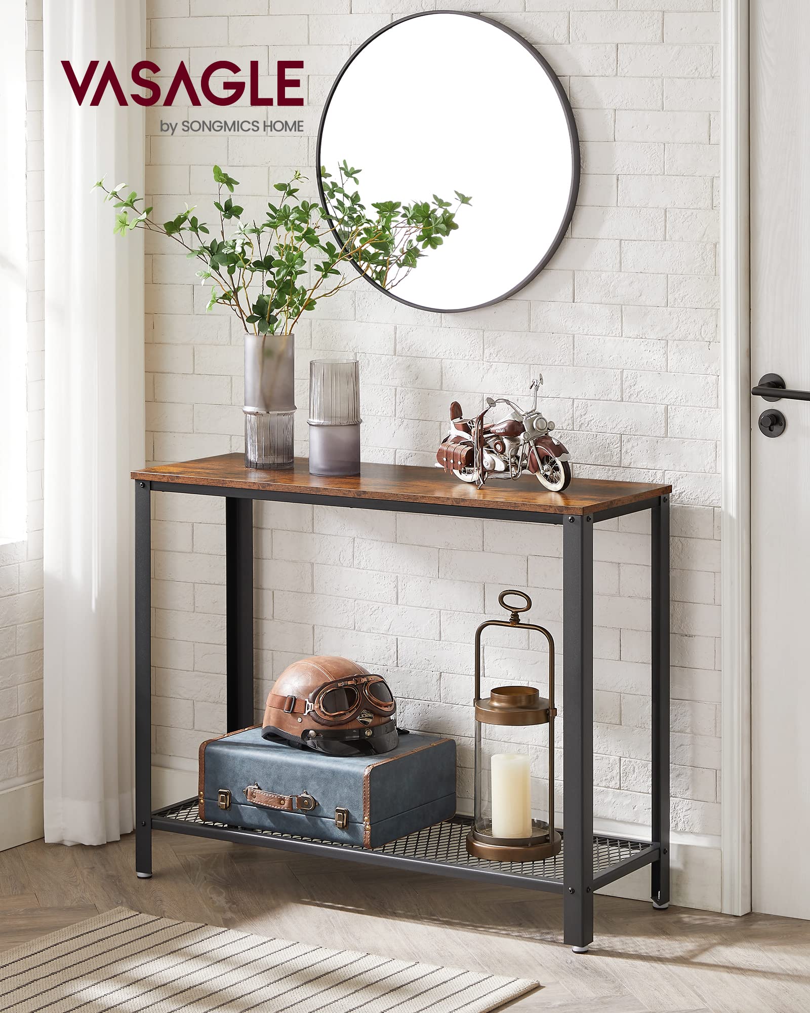 VASAGLE Console Table, 2-Tier Entryway Table with Mesh Shelf, Narrow Sofa Table, Steel Frame, Adjustable Feet, for Hallway, Living Room, Industrial Style, Rustic Brown and Black ULNT80X