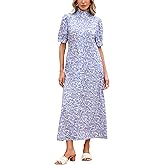 Women's Floral Button Down Shirt Midi Dress Casual Puff Sleeve Ruffle Collar Dress Summer Beach Party Dress