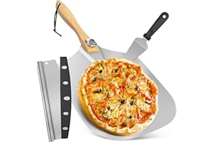 CasaCulina Pizza Peel Aluminum Pizza Spatula, 12 x 14 Inch Metal Pizza Paddle with Foldable Wooden Handle & Rocker Cutter, Pizza Peel Set for Family Pizza Oven Baking Pizza, Dough, Bread & Pastry