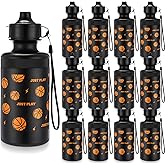 Maxdot 12 Pcs Basketball Water Bottles Bulk 18 oz Squeeze Reusable Plastic Water Bottle with Nylon Strap Leak Proof Sport Theme Cup for School Basketball Team Grad Gift(Black)