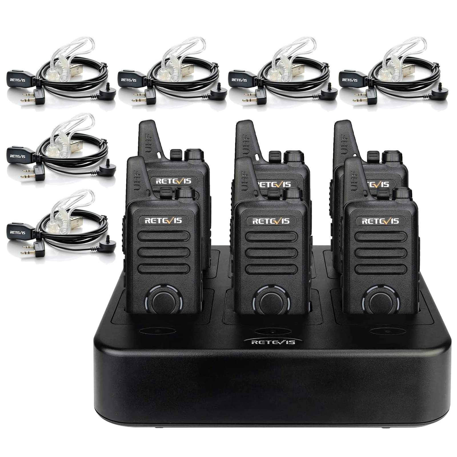 Photo 1 of Retevis RT22S 2 Way Radios Rechargeable,Long Range Walkie Talkies with Earpiece and Mic Set,Channel Display,Signal Prompt,Handsfree Portable Two-Way Radio(6 Pack) with 6 Way Multi Gang Charger