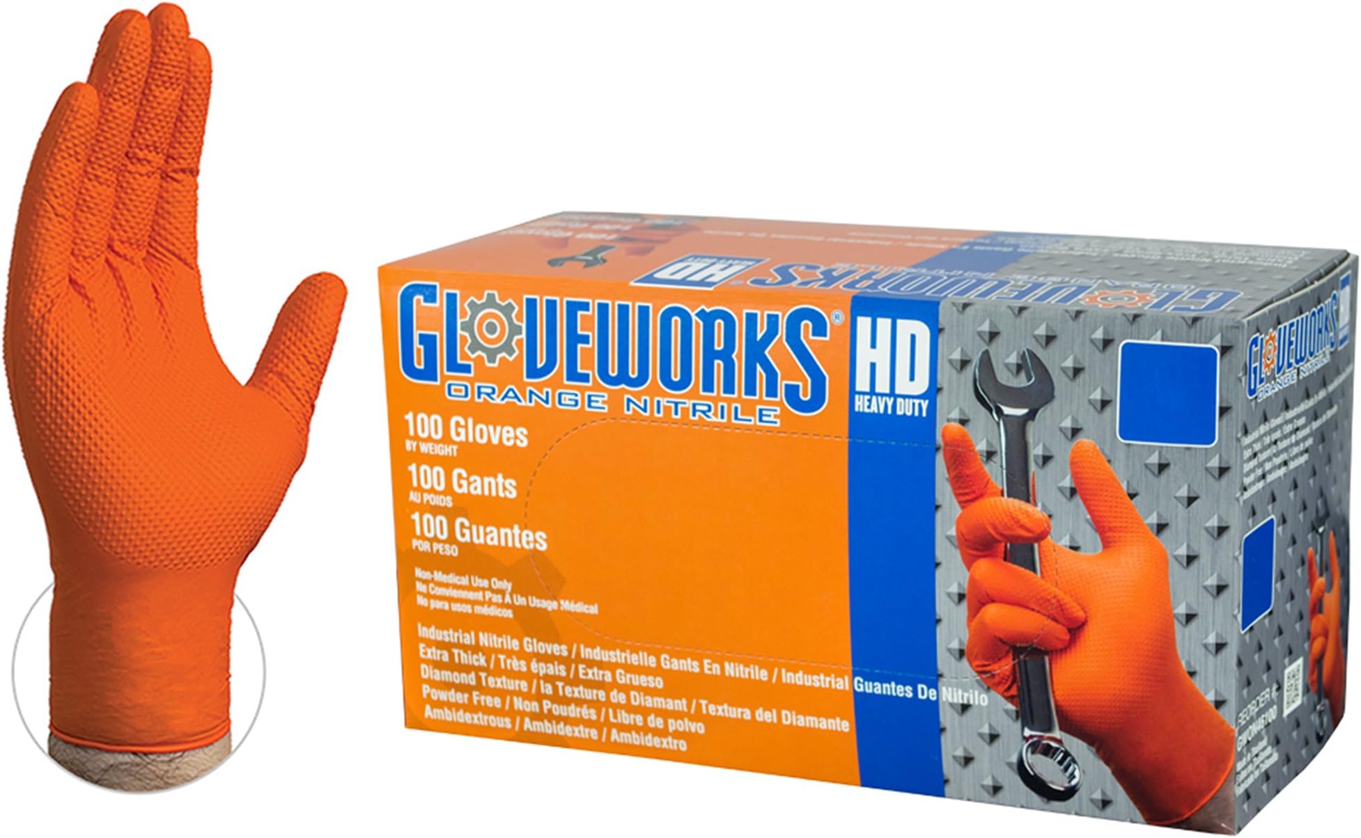 GLOVEWORKS HD Industrial Orange Nitrile Gloves - 8 mil, Latex Free, Powder Free, Diamond Texture, Disposable, Heavy Duty, XLarge, GWOR48104E0BX, Box of 100