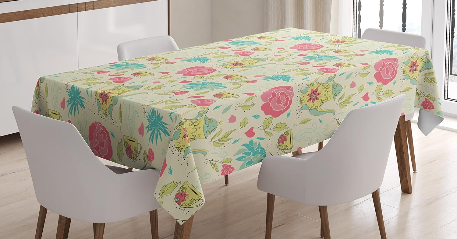 Ambesonne Tea Party Tablecloth, Victorian Style Vintage Teapot with Leaves Flowers Rose Petals Print, Rectangular Table Cover for Dining Room Kitchen Decor, 60