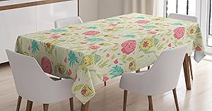 Ambesonne Tea Party Tablecloth, Victorian Style Vintage Teapot with Leaves Flowers Rose Petals Print, Rectangular Table Cover for Dining Room Kitchen Decor, 60