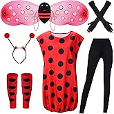 Laumoi 6 Pcs Halloween Ladybug Costume Set for Women Adults Cosplay Outfit Ladybug Wing Dress Headband Leg Warmers Top Pants