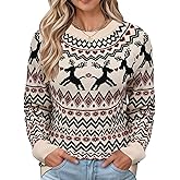 LOMON Womens Casual Lightweight Vintage Fair Isle Sweater Raglan Sleeve Crew Neck Knitted Pullover Comfy Warm Fall Tops