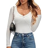 kakola Womens Ribbed Sweetheart Neckline Top Fitted Twist Front Deep V Neck Long Sleeve Shirts for Women Going Out 2025 Fall